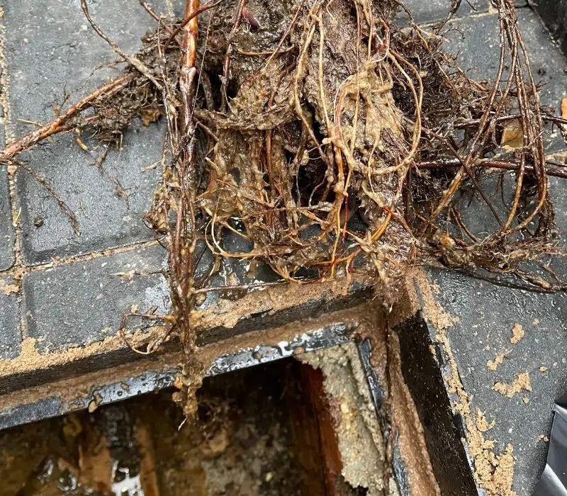 Tree root ingress inside drain pipe Blackpool - roots growing through cracked clay pipe