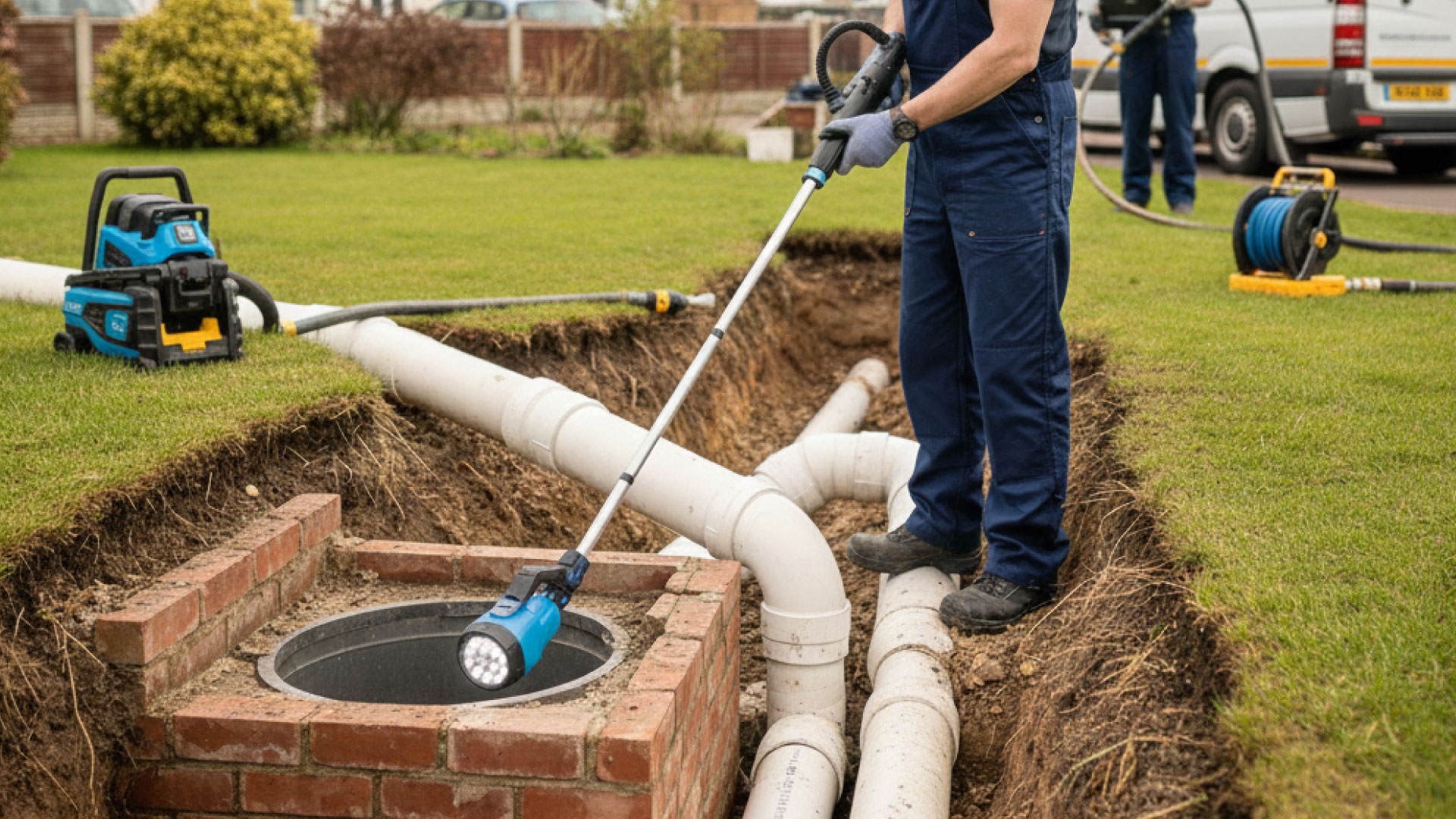Drainage engineer operating CCTV survey equipment in Blackpool - professional drain survey near Blackpool Tower