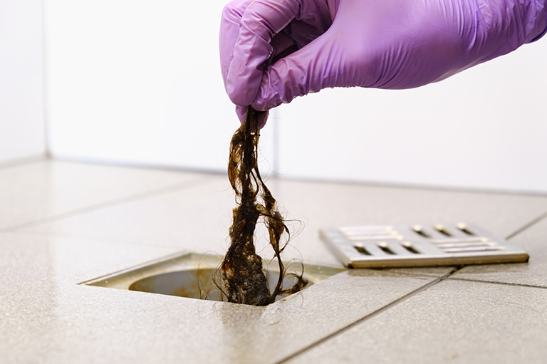 Pulling out hair from a shower drain with a purple glove on.